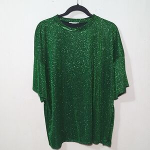 Timing Green Glitter Shirt St. Patrick's Day Oversized Metallic Women's Size L
